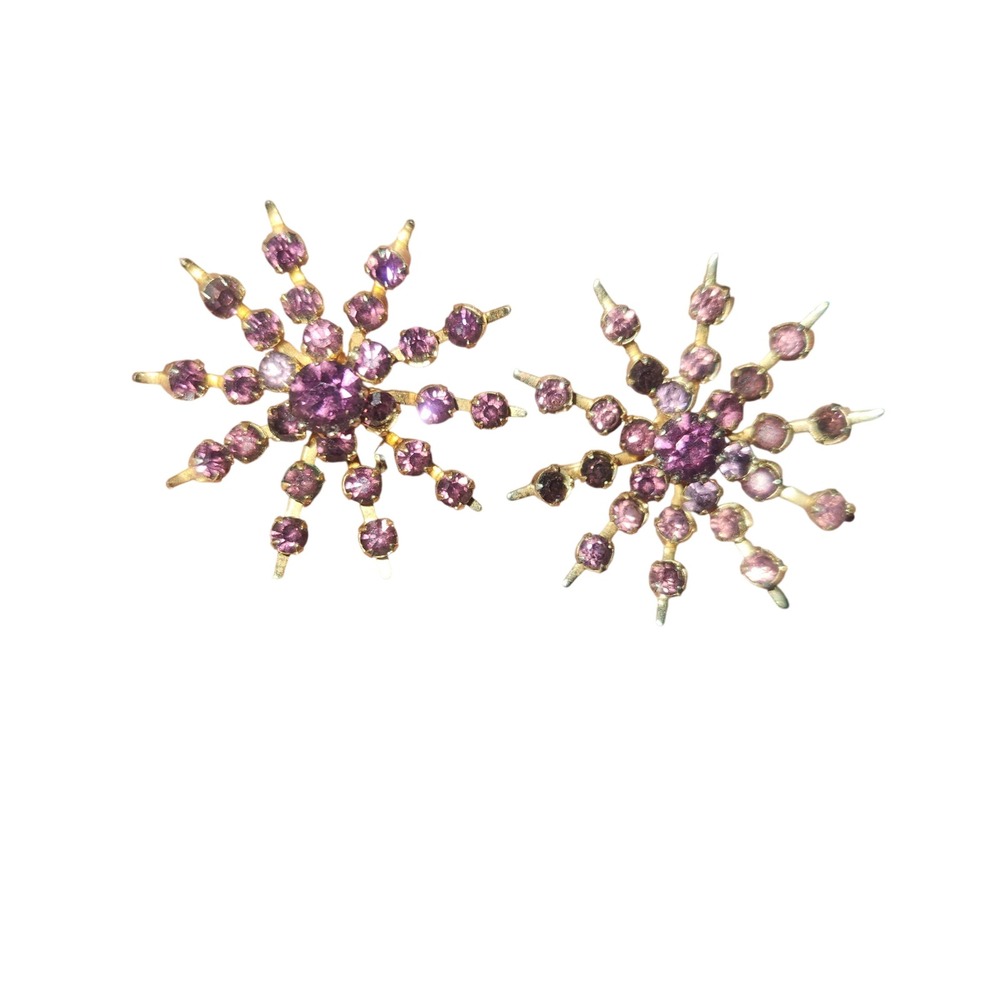Sparkling Snowflake Crystal Clip On Earrings Gold Tone‎ Purple Rhinestones burst